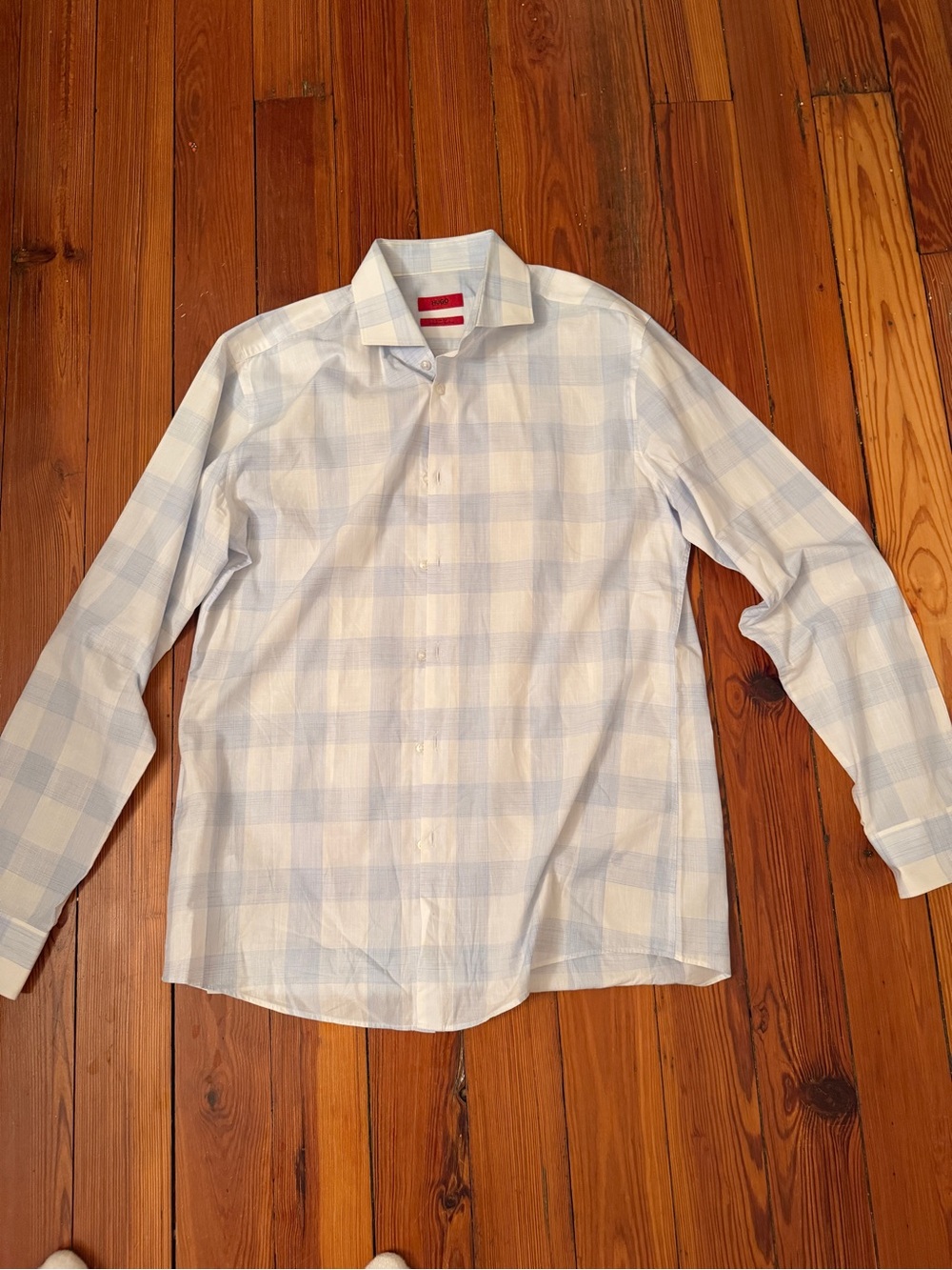 HUGO Men's Pale Blue and White Checked Dress Shirt